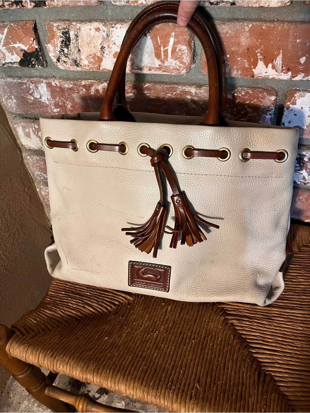 Vintage Dooney & Bourke Cream Leather Tote with Brown Trim and Tassels